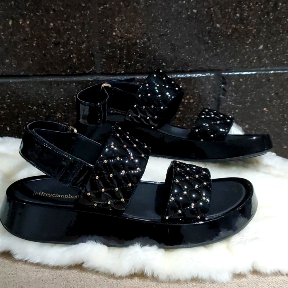 JEFFREY CAMPBELL ARDEMAN BLACK PATENT LEATHER SANDALS W GOLD BEADS